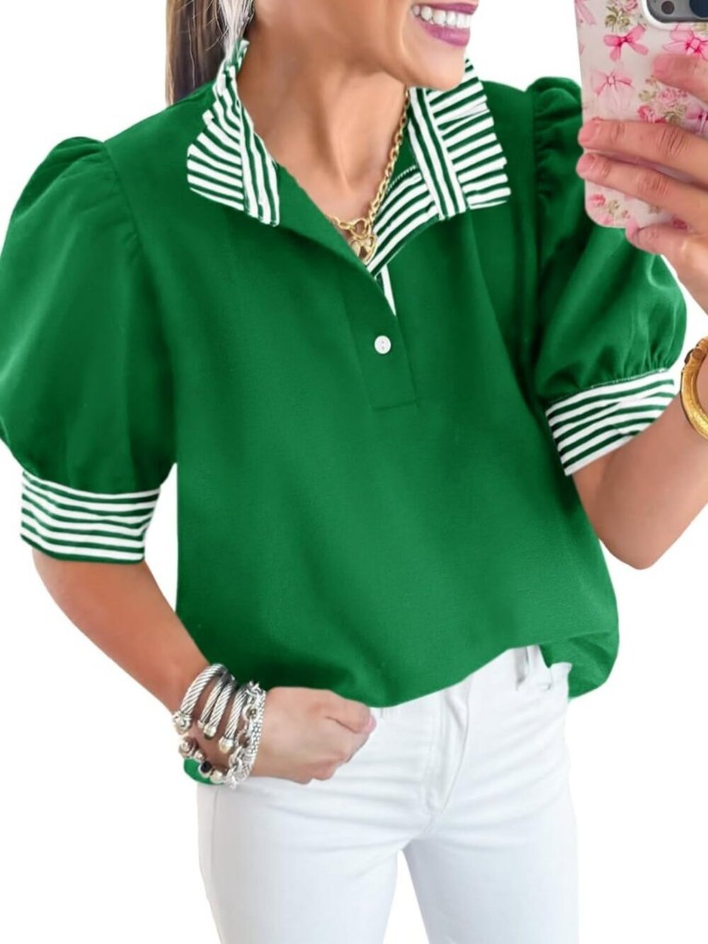 Summer Striped Puff Sleeve V-Neck Top | Loose Fit Polo Shirt for Women